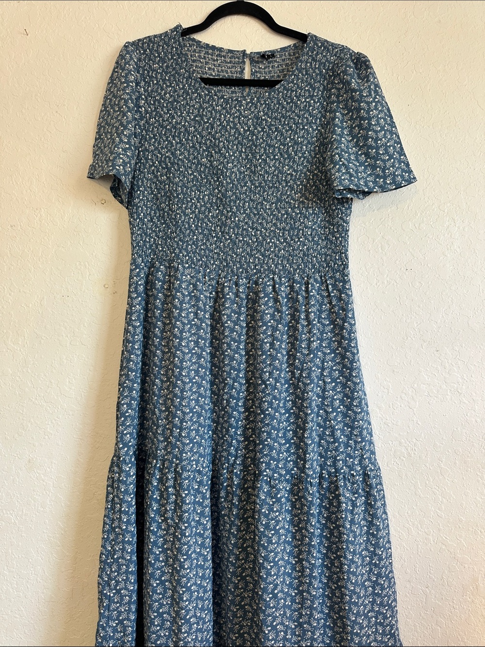 Blue Floral Smocked Maxi Dress with Short Sleeves